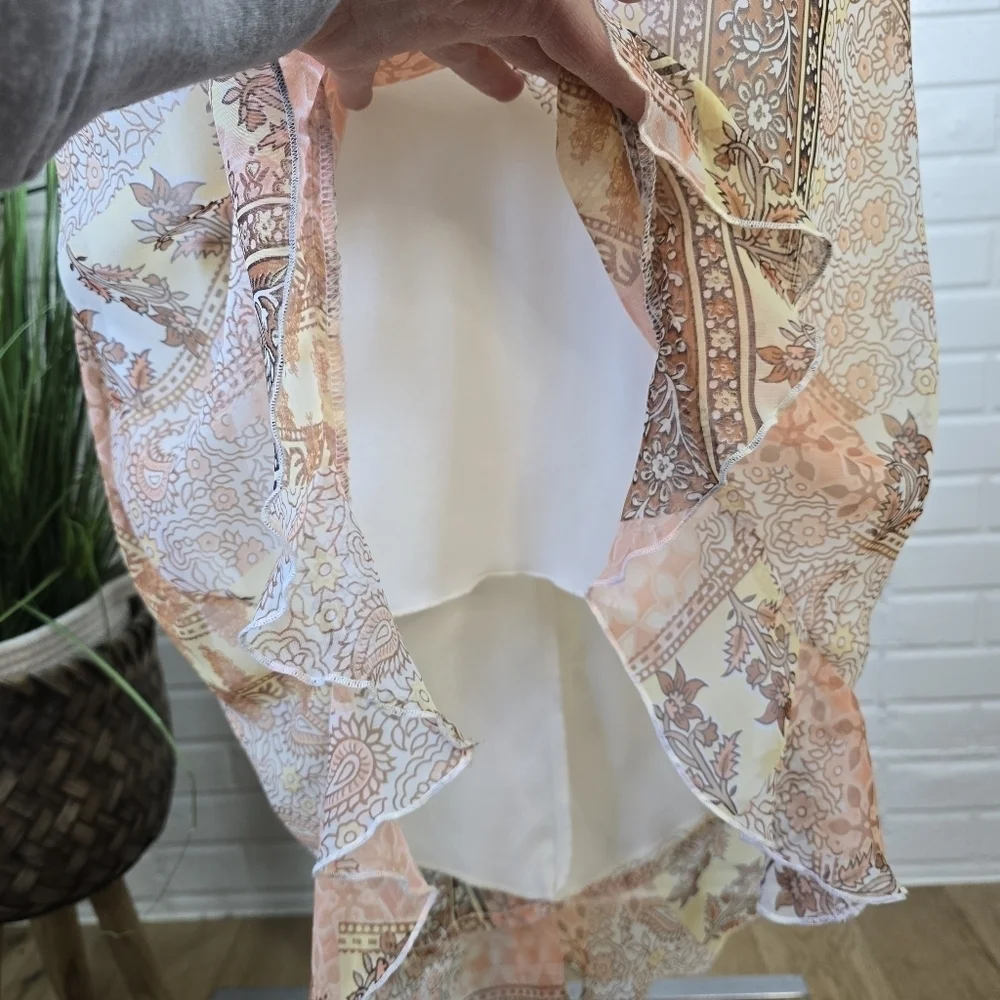 Vintage Y2k Paisley Chiffon Midi Dress size 8 Pastel Orange Cream Pink